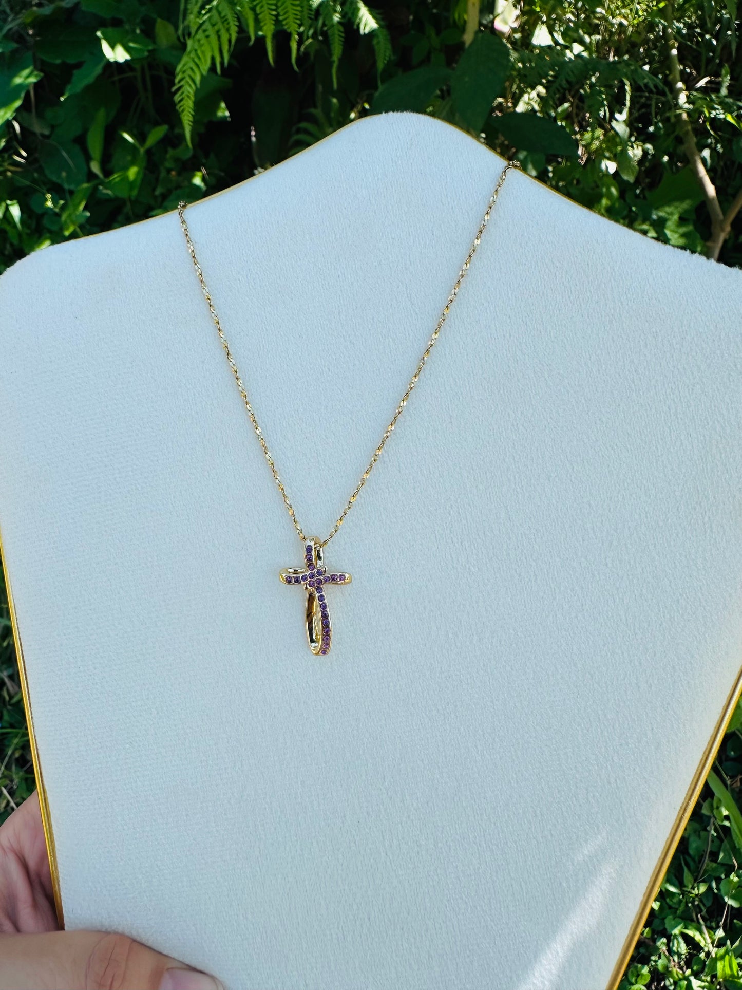 Necklace Cross purple Zircon Gold Plated 24K