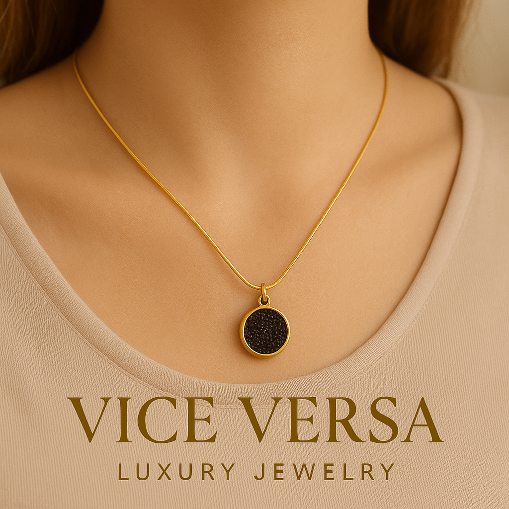 Natural Black Stone Necklace Gold Plated 24K