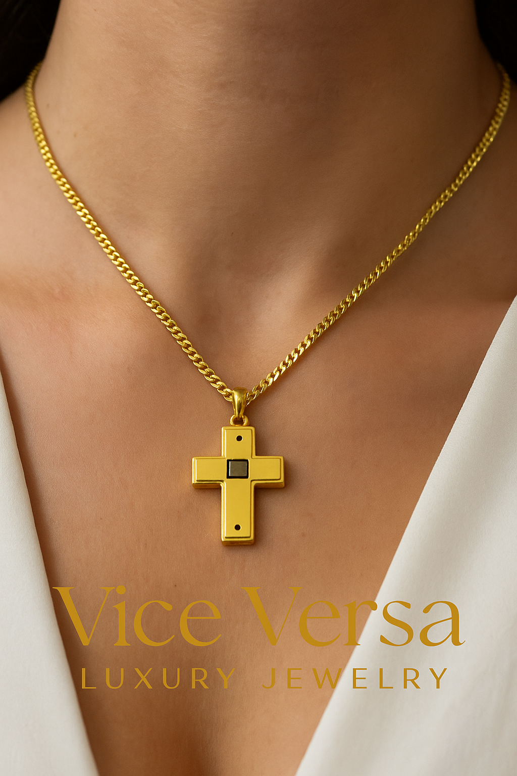 Double Side Men's Cross Gold & Black thin design Necklace Gold Plated 24K