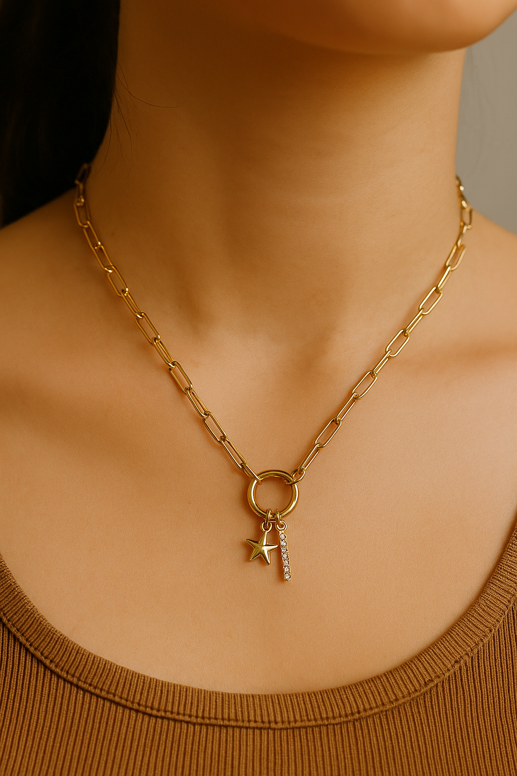 Paper Clip Moon & Star Necklace Gold Plated 24K