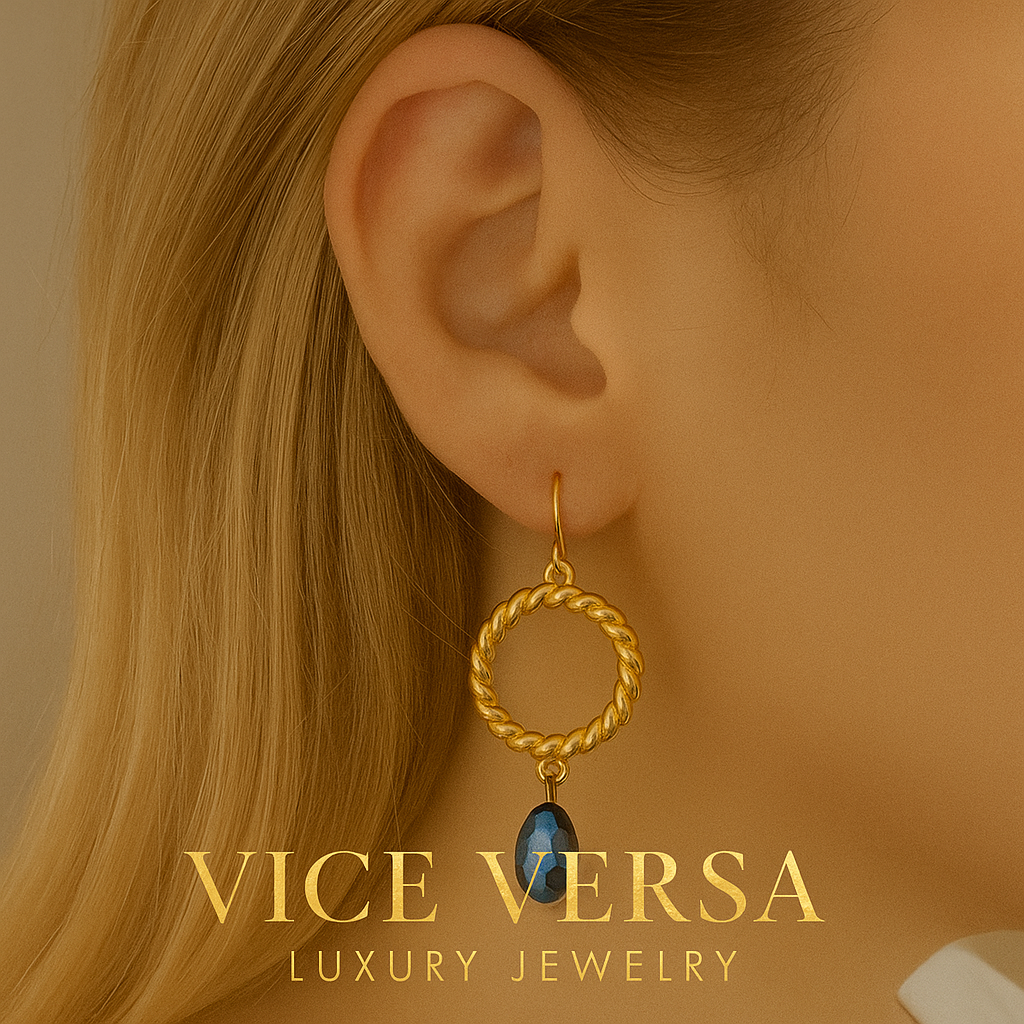 Blue Circle Dangle Earrings Gold plated 24K