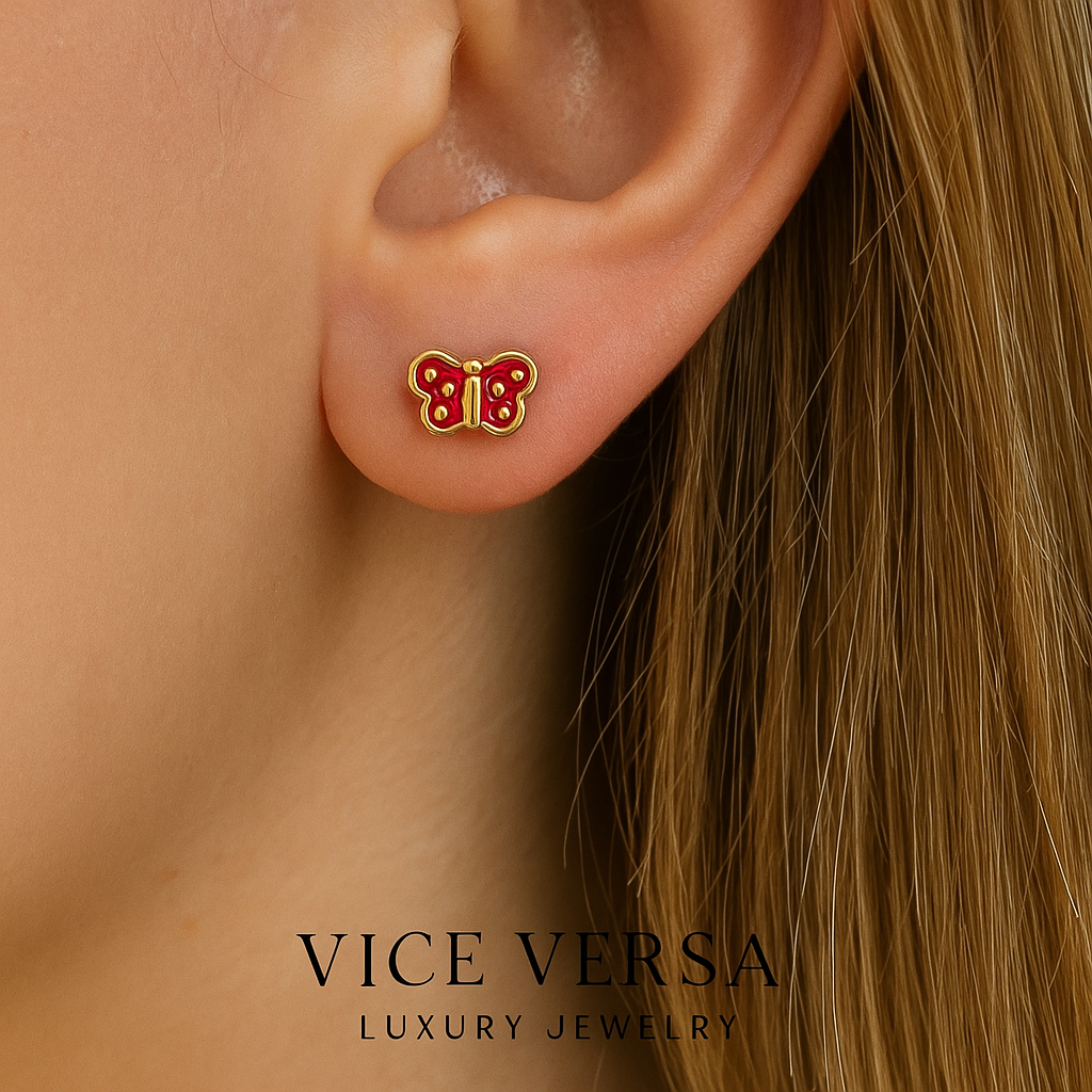 Red butterfly stud Earrings Gold plated 24K