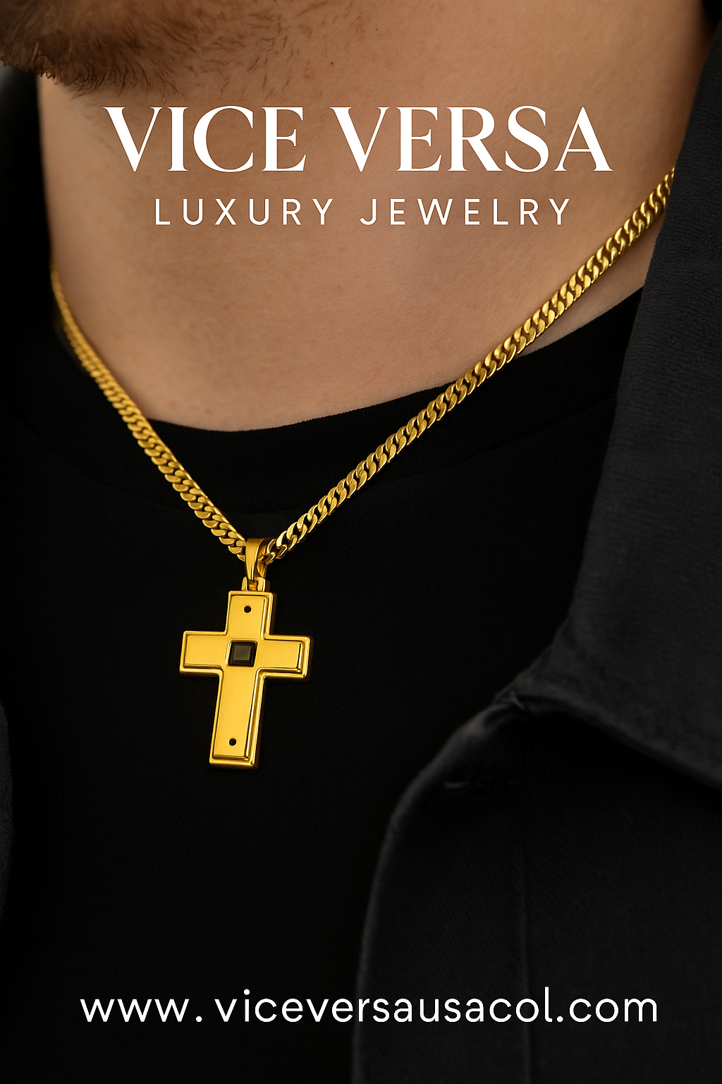 Double Side Men's Cross Gold & Black thin design Necklace Gold Plated 24K