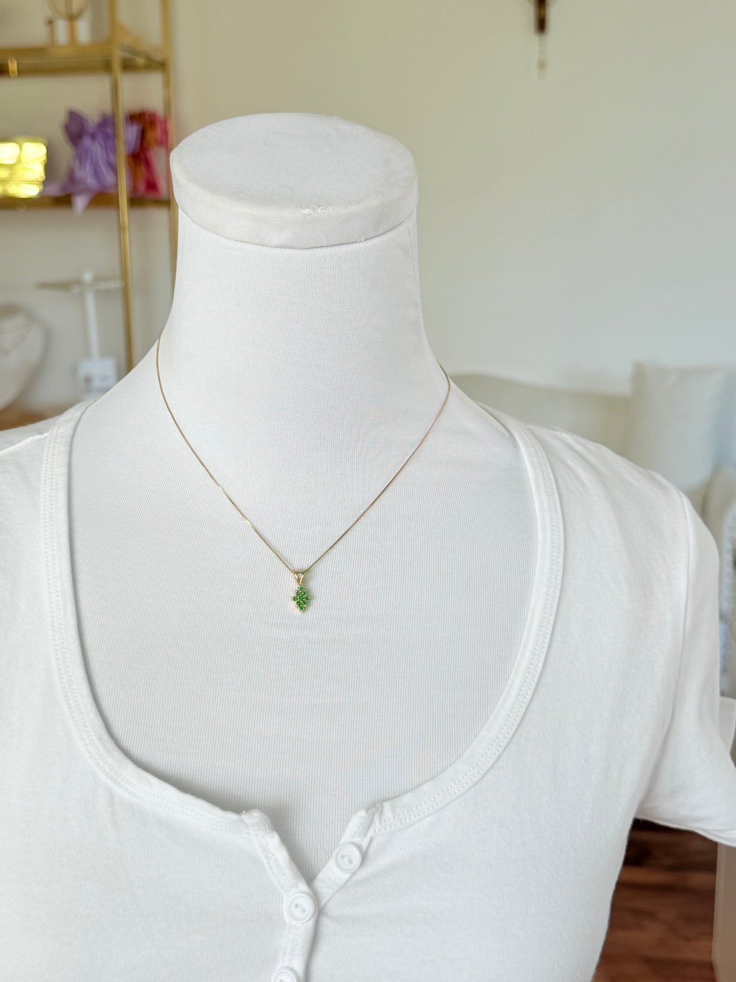 Pine Shape Colombian Emerald & Diamond charm & Solid Gold 18K Italian