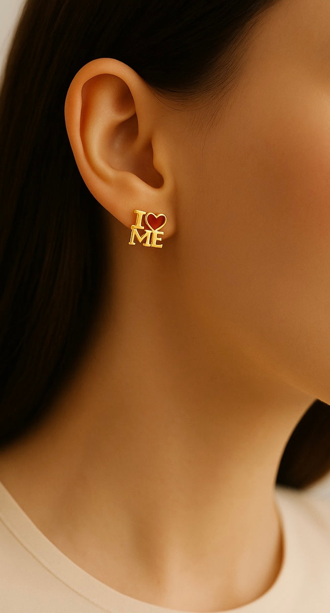 I Love Me - Red Heart Real Gold Plated Stud Earrings