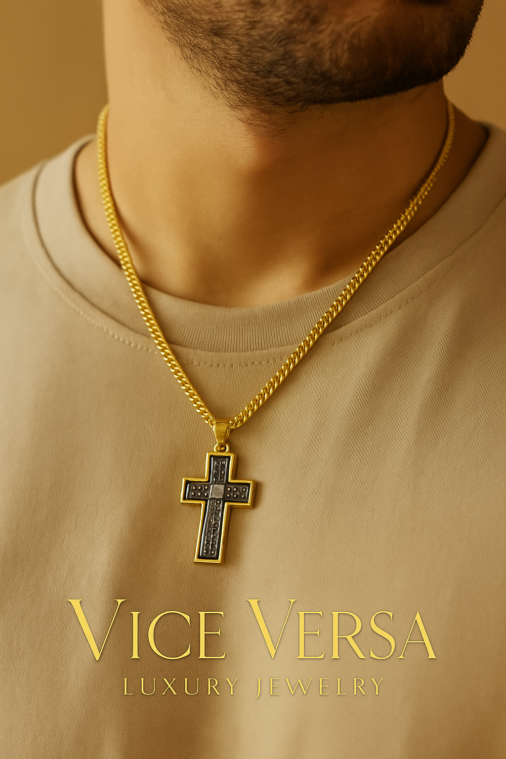 Double Side Men's Cross Gold & Black thin design Necklace Gold Plated 24K