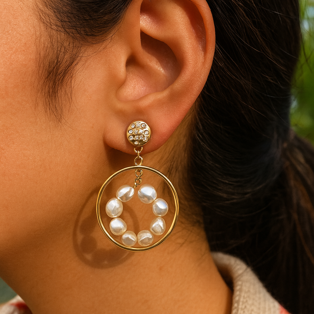 Pearls circle hoop earrings 24K Gold Plated