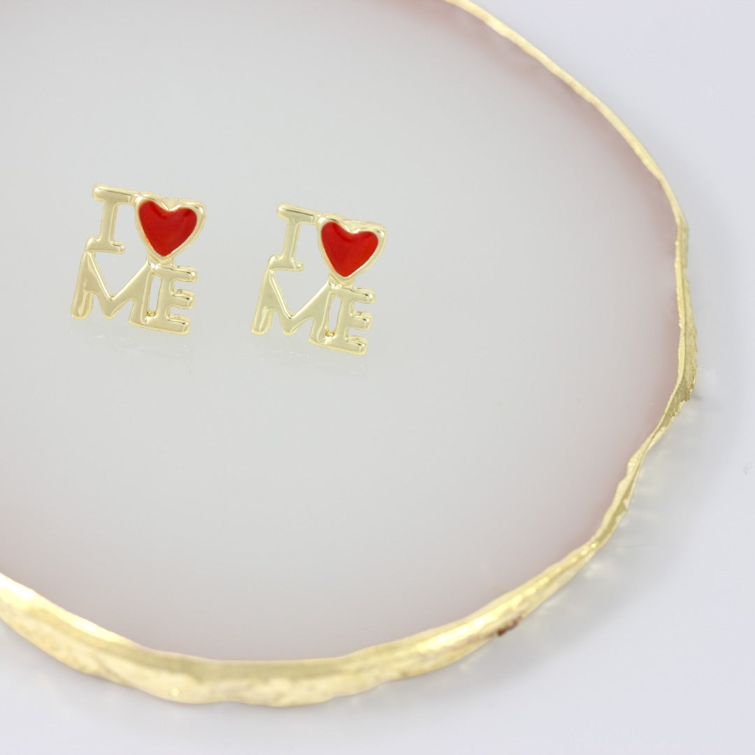 I Love Me - Red Heart Real Gold Plated Stud Earrings