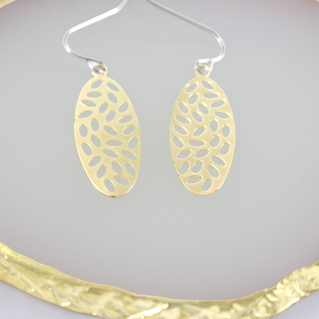 GOLD PLATED 24K EARRINGS DANGLE  - LONG OVAL LEAFS
