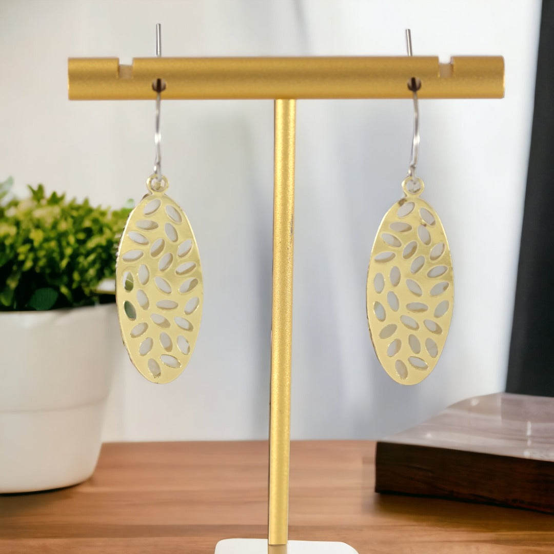 GOLD PLATED 24K EARRINGS DANGLE  - LONG OVAL LEAFS