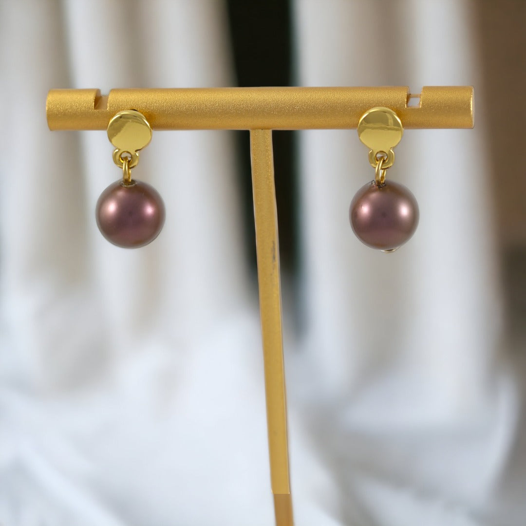Brown Pearl Drop Earrings Gold Plated 24k