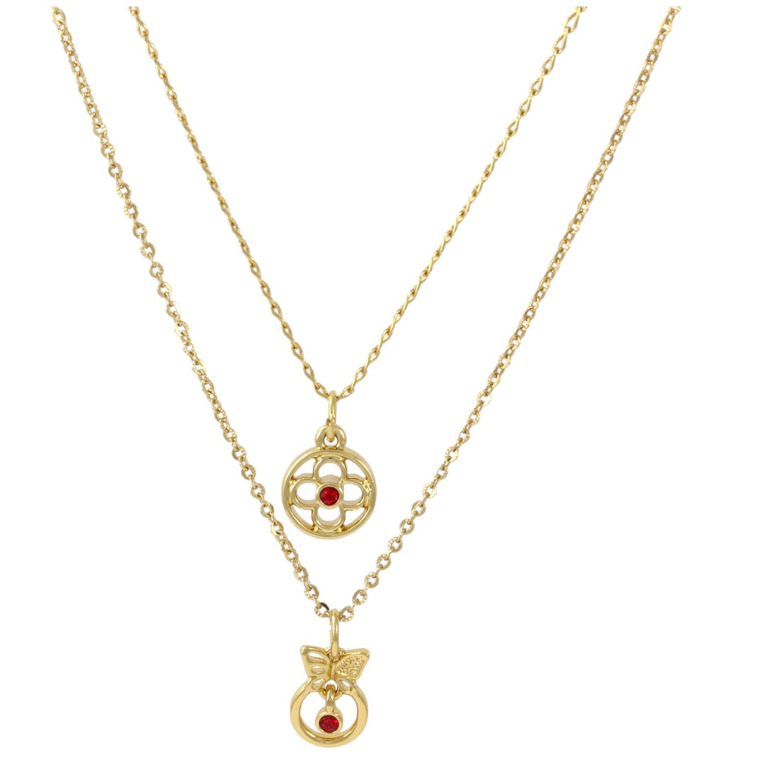 Double chain Flower & Butterfly with Red Zirconia Necklace Real Gold Plated 24k