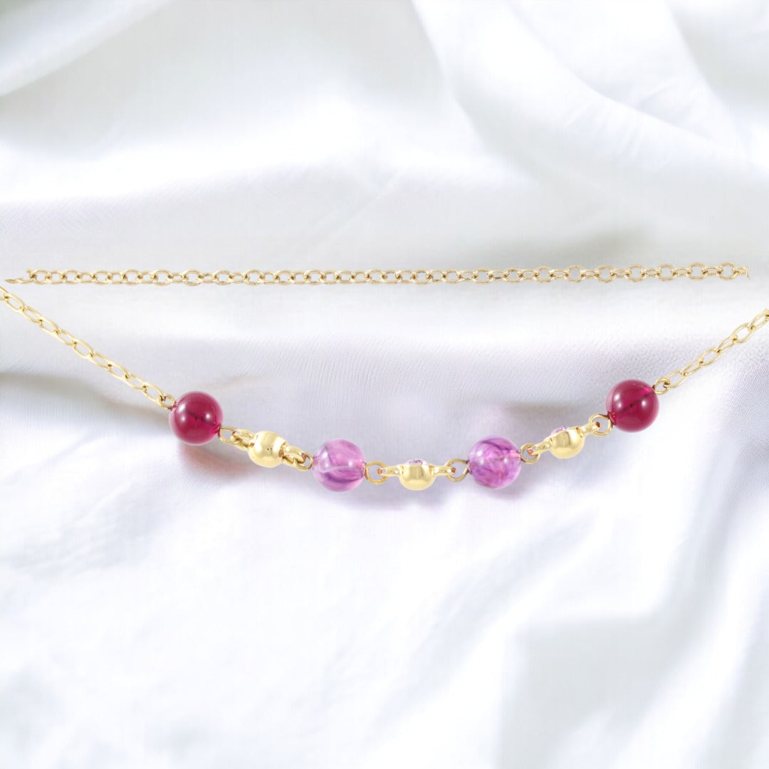 Elegant Double Chain Women's Purple Stones Bracelet Real Gold Plated 24K Handmade