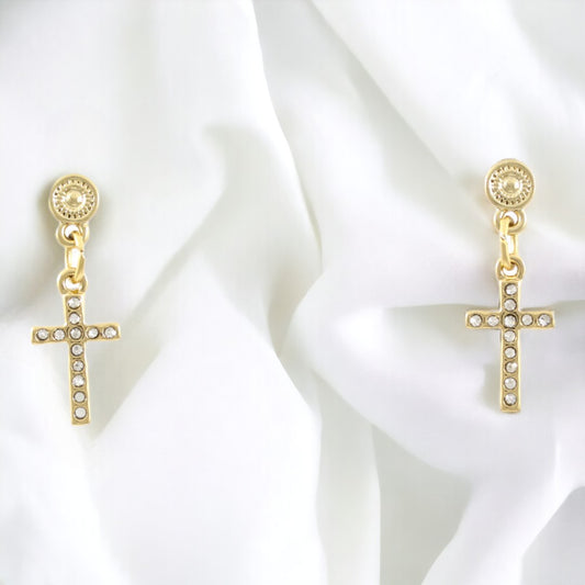 Pendientes Cruz con Circonitas Baño Oro 24K
