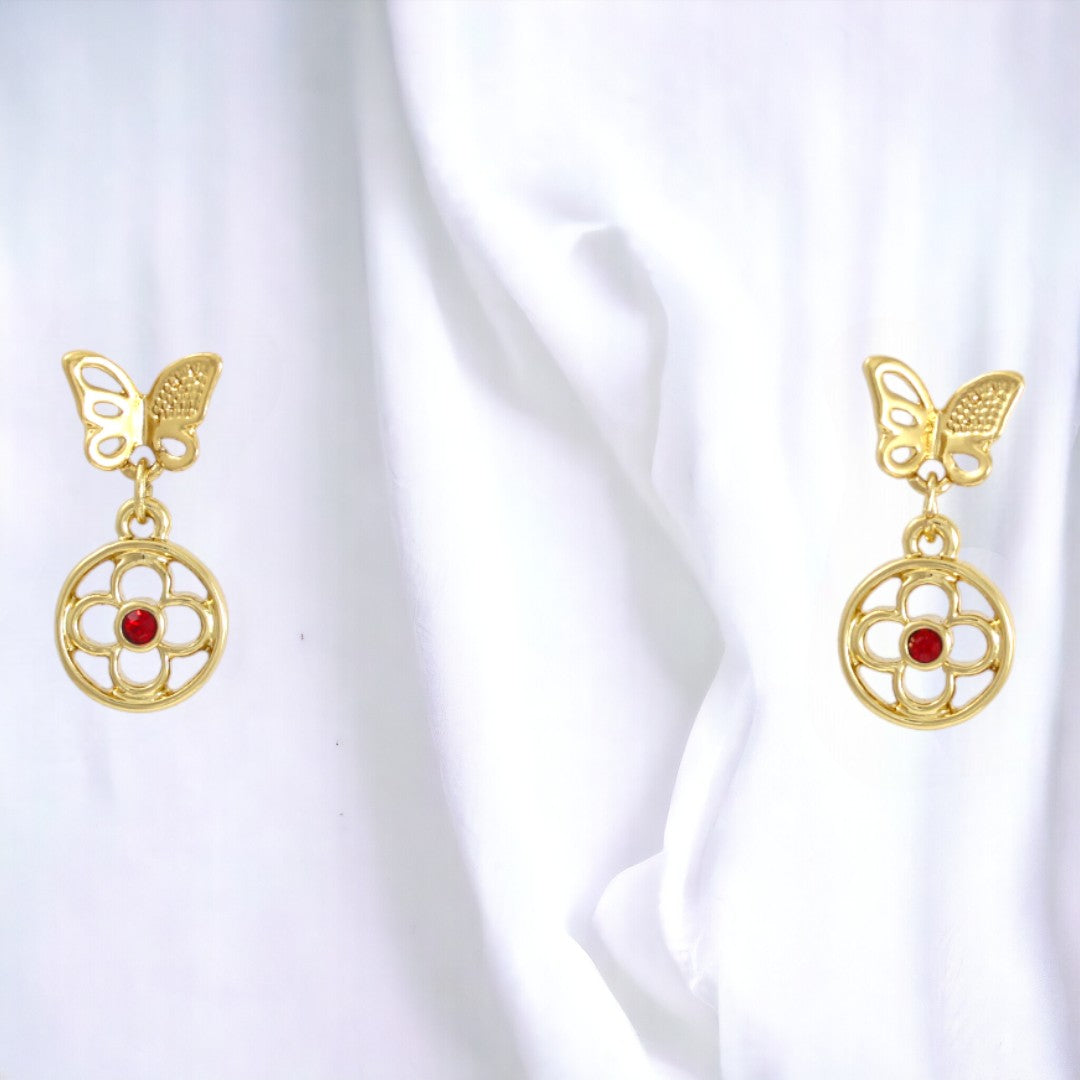 Butterfly with red Zircons Drop Earrings Gold Plated 24K