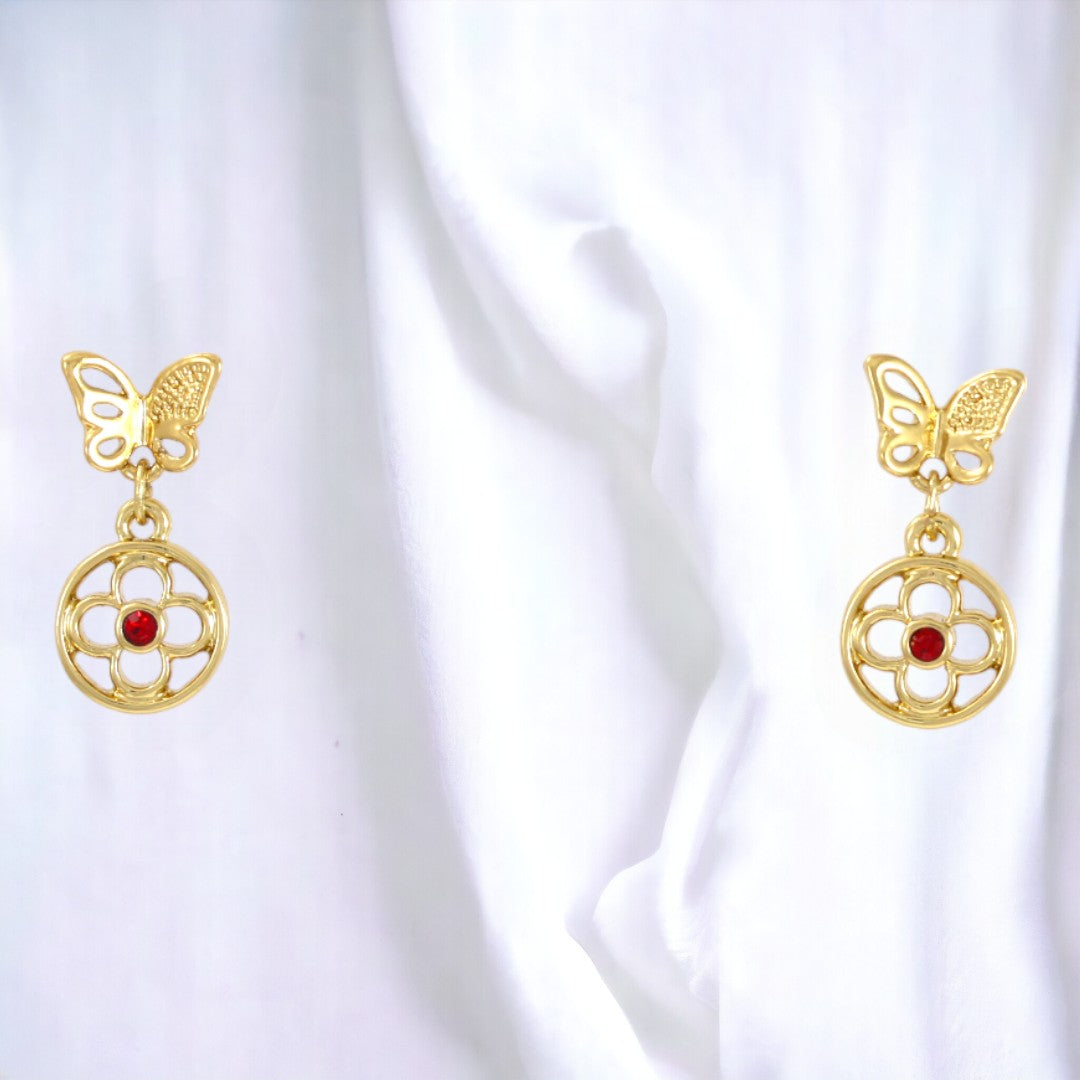 Butterfly with red Zircons Drop Earrings Gold Plated 24K