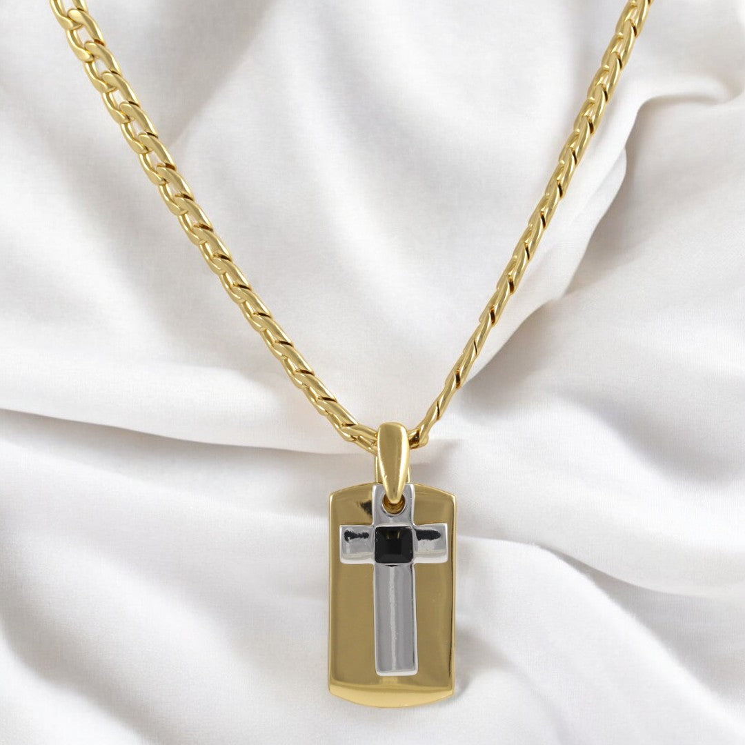 Tag Plate Men's Cross Gold & Black Necklace Gold Plated 24K