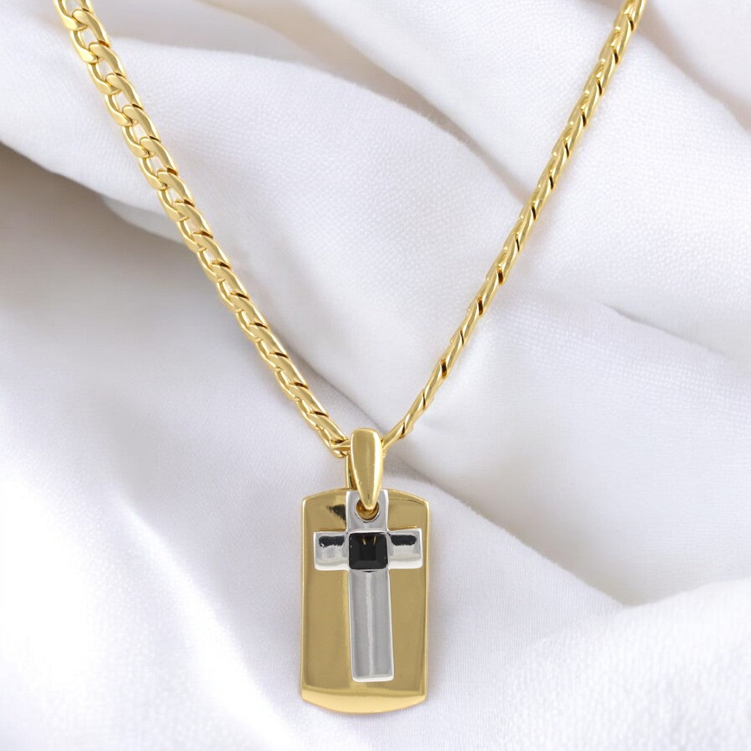 Tag Plate Men's Cross Gold & Black Necklace Gold Plated 24K