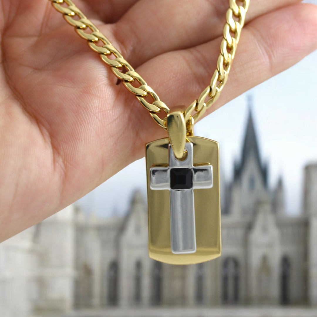 Tag Plate Men's Cross Gold & Black Necklace Gold Plated 24K