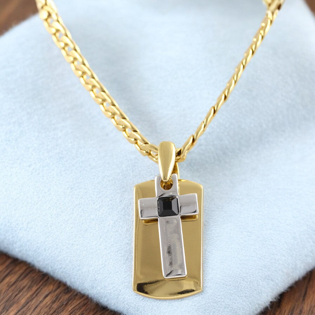 Tag Plate Men's Cross Gold & Black Necklace Gold Plated 24K