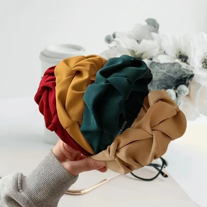 Dark Green Solid Color Ruched Simple Knotted Wide Hairband Retro Headband Hair Accessories For Summer Beach Travel