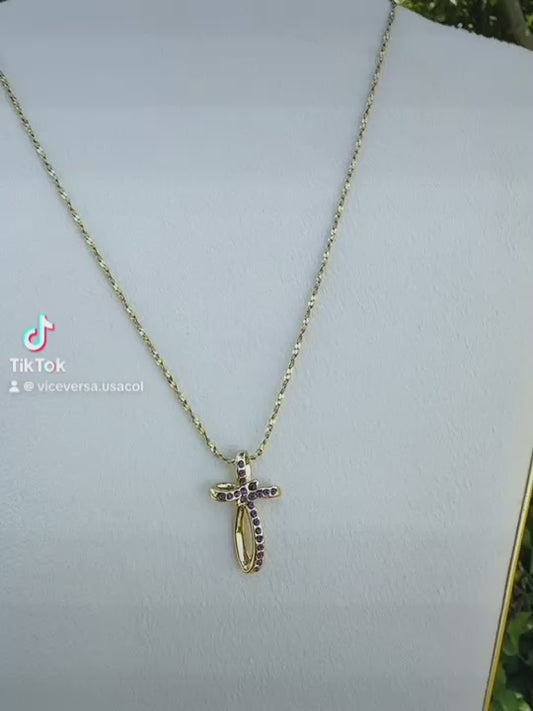 Necklace Cross purple Zircon Gold Plated 24K