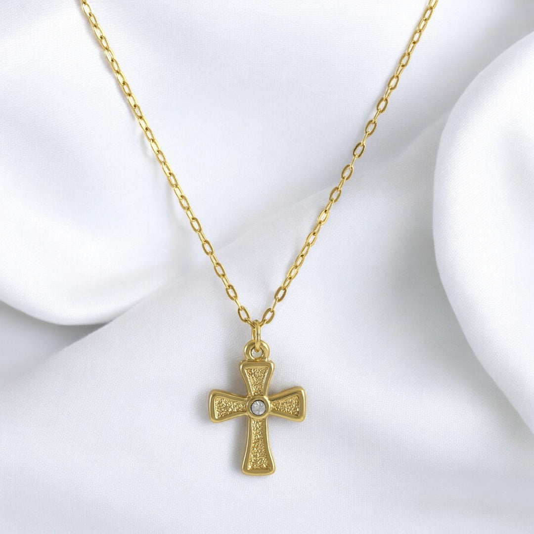 Woman Cross 1 Zircon thin design Necklace Gold Plated 24K