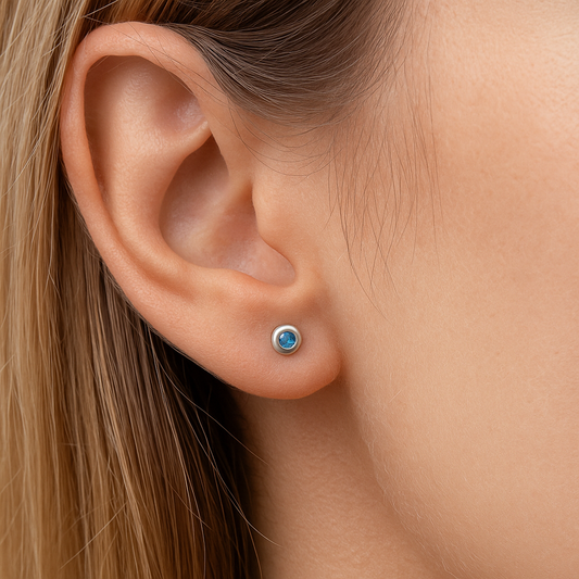 SILVER PLATED STUD EARRINGS SMALL BLUE ZIRCON