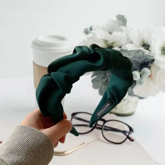 Dark Green Solid Color Ruched Simple Knotted Wide Hairband Retro Headband Hair Accessories For Summer Beach Travel