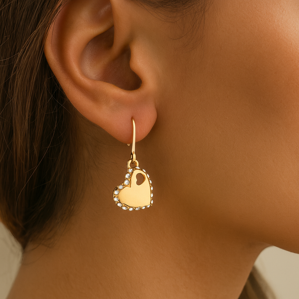 Zircons Hearts with little heart Inside Dangle Earrings Gold plated  24K