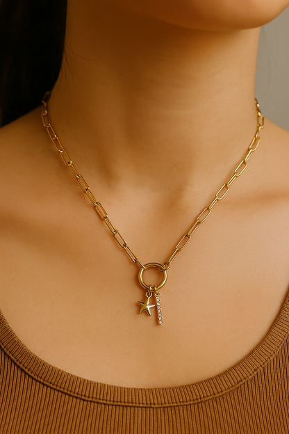 Paper Clip Moon & Star Necklace Gold Plated 24K