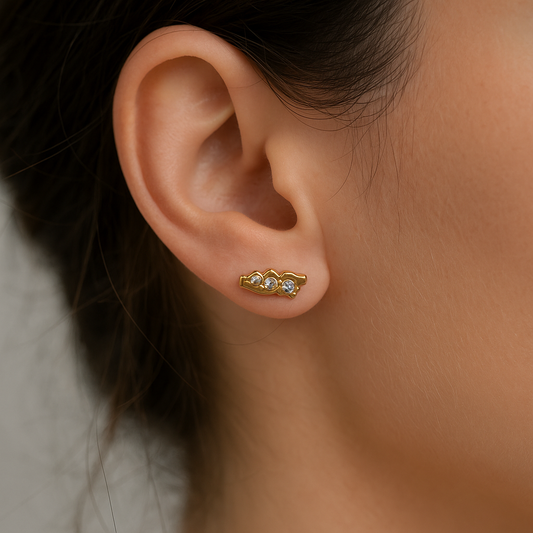 Stick Stud Earrings Real Gold Plated with 3 Zircons
