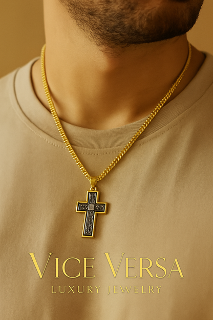 Double Side Men's Cross  Gold & Black thin design Necklace Gold Plated 24K