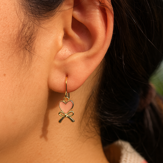 Pink Heart an bow dangle earrings 24K Gold Plated