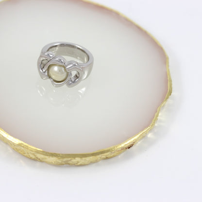 SILVER PLATED RING SIZE 6 WHITE PEARL