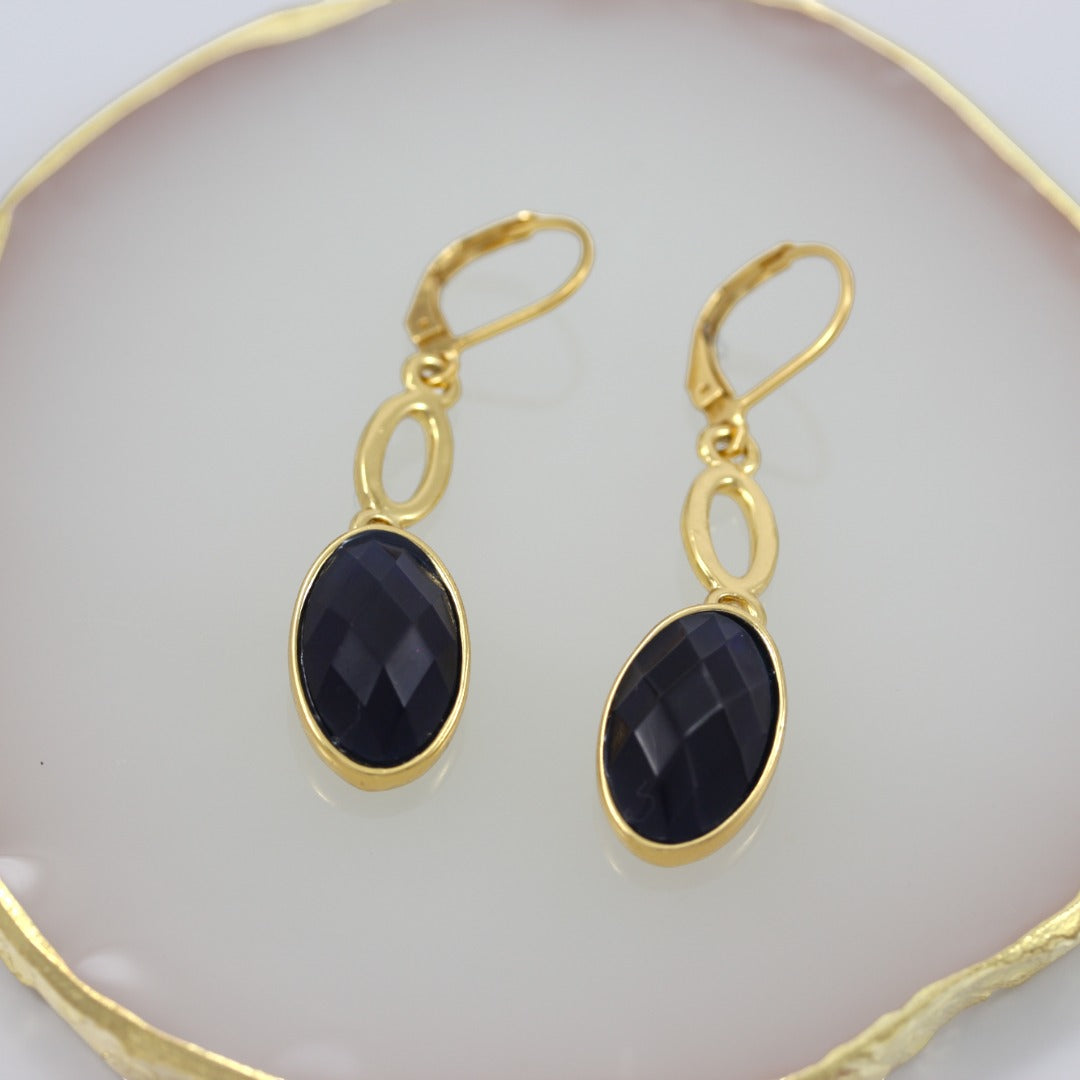 Dark Blue Stone Dangle Earrings Real Gold Plated 24K