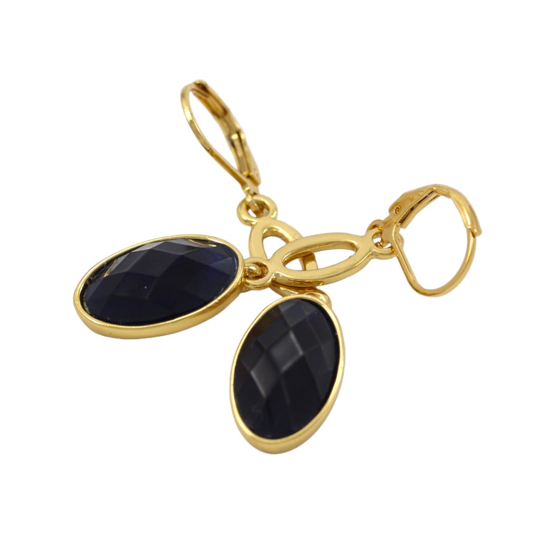 Dark Blue Stone Dangle Earrings Real Gold Plated 24K