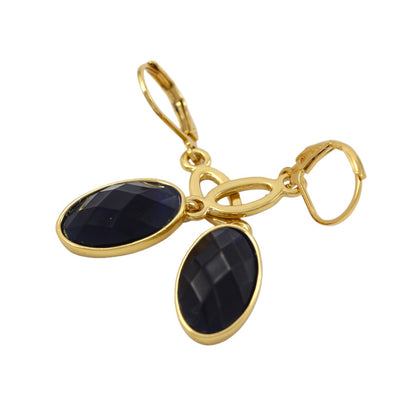 Dark Blue Stone Dangle Earrings Real Gold Plated 24K