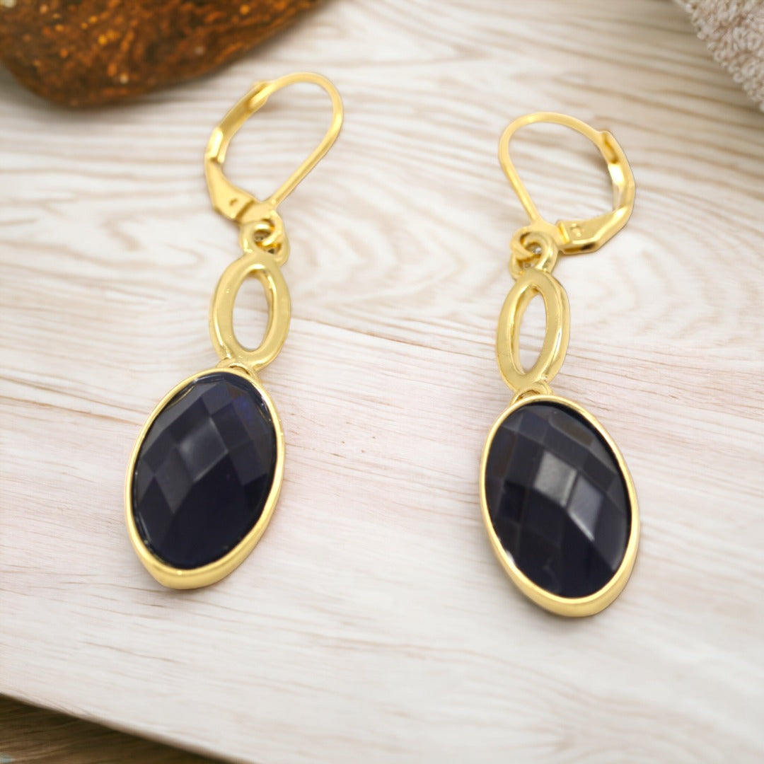 Dark Blue Stone Dangle Earrings Real Gold Plated 24K