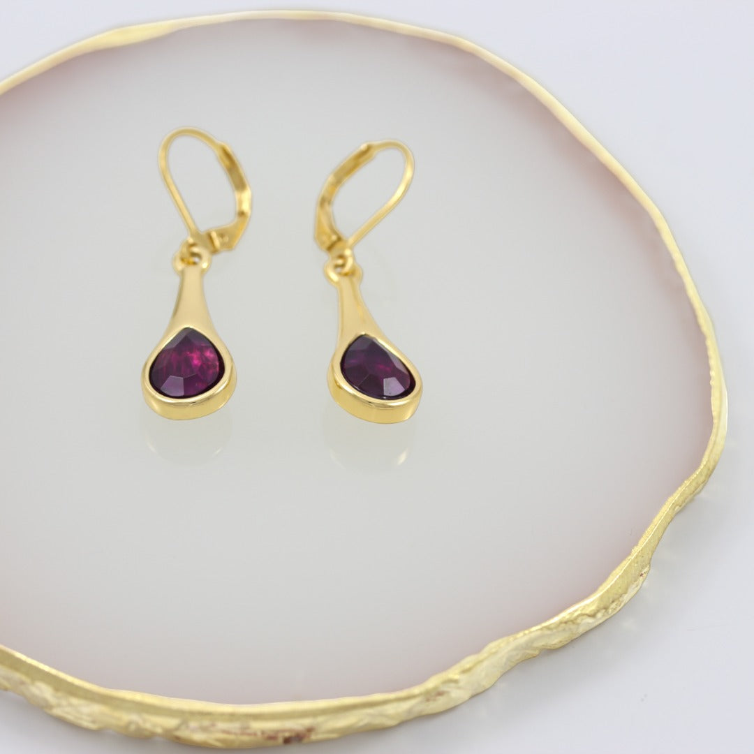 Violet Precious Stone Drop Earrings Gold Plated