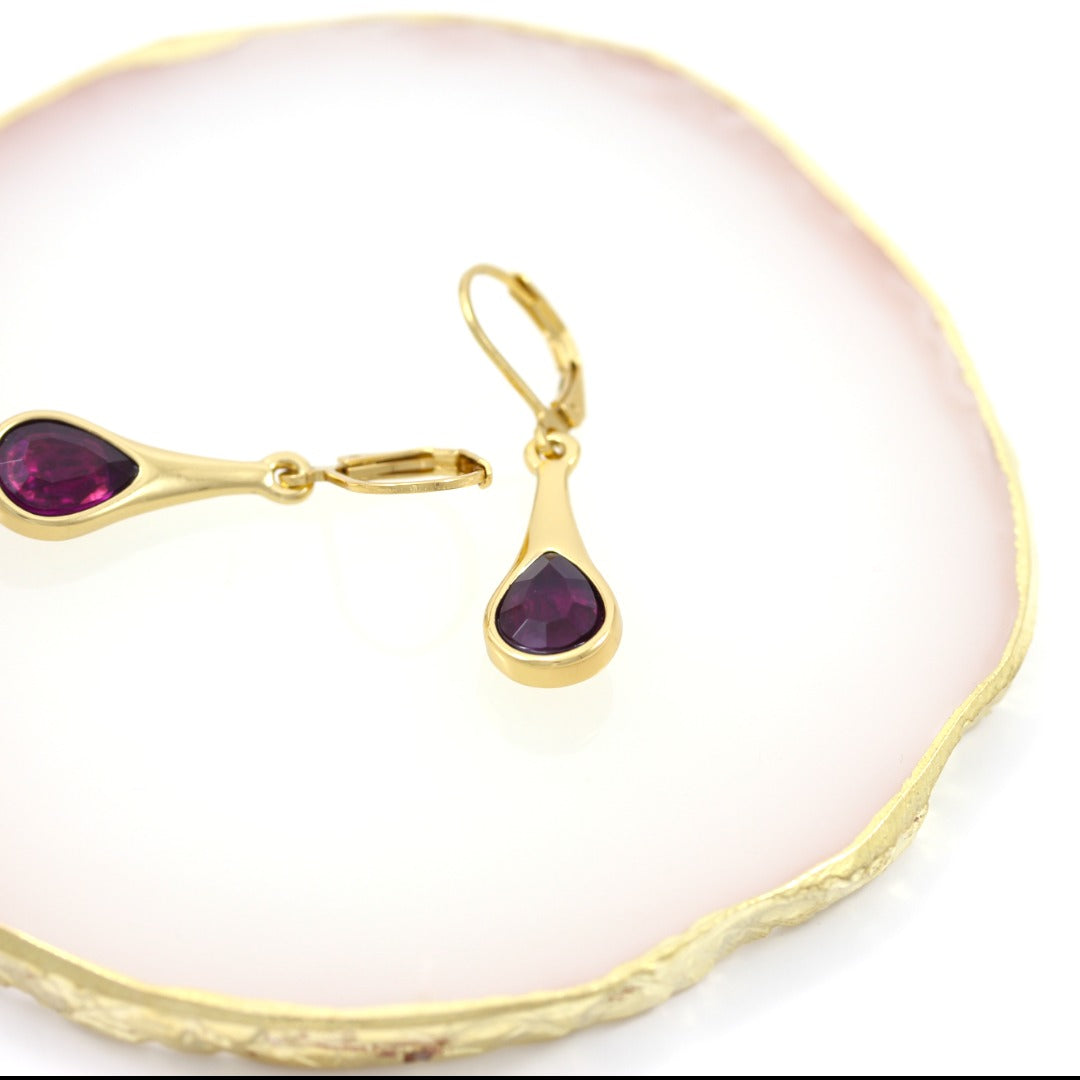 Violet Precious Stone Drop Earrings Gold Plated