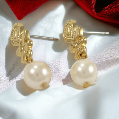 Pearl Flowers Drop Earrings Gold Plated 24K