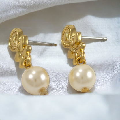 Pearl Flowers Drop Earrings Gold Plated 24K