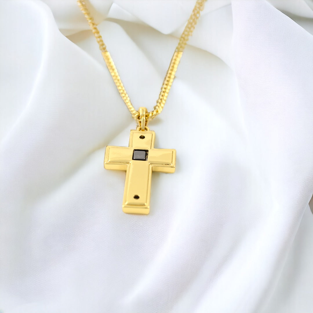 Double Side Men's Cross  Gold & Black thin design Necklace Gold Plated 24K