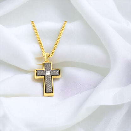 Double Side Men's Cross  Gold & Black thin design Necklace Gold Plated 24K