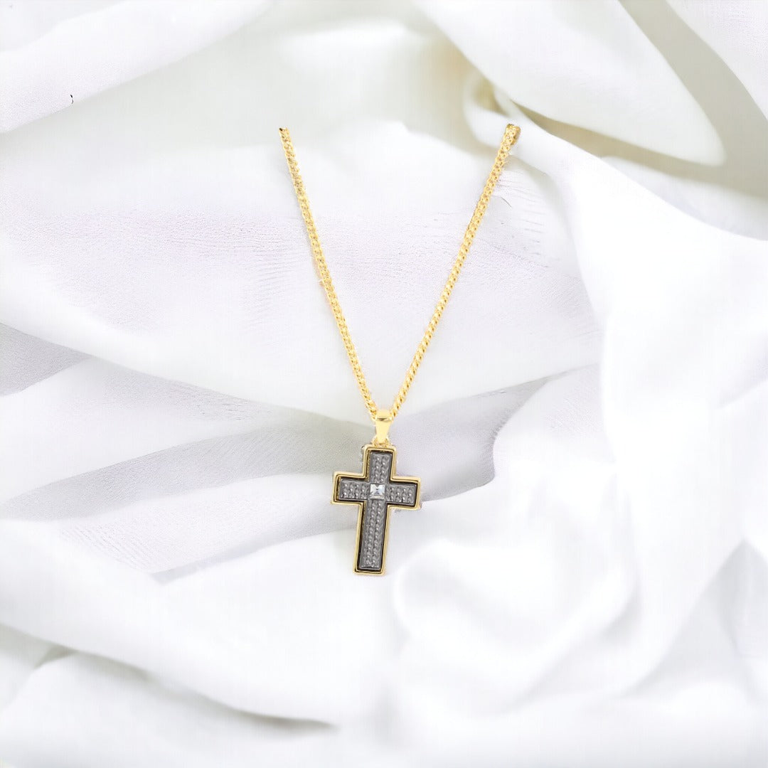 Double Side Men's Cross  Gold & Black thin design Necklace Gold Plated 24K