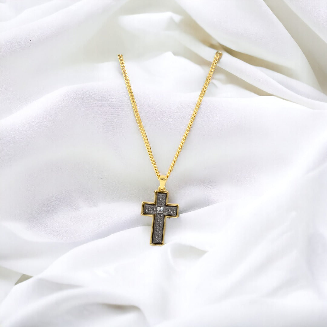 Double Side Men's Cross  Gold & Black thin design Necklace Gold Plated 24K