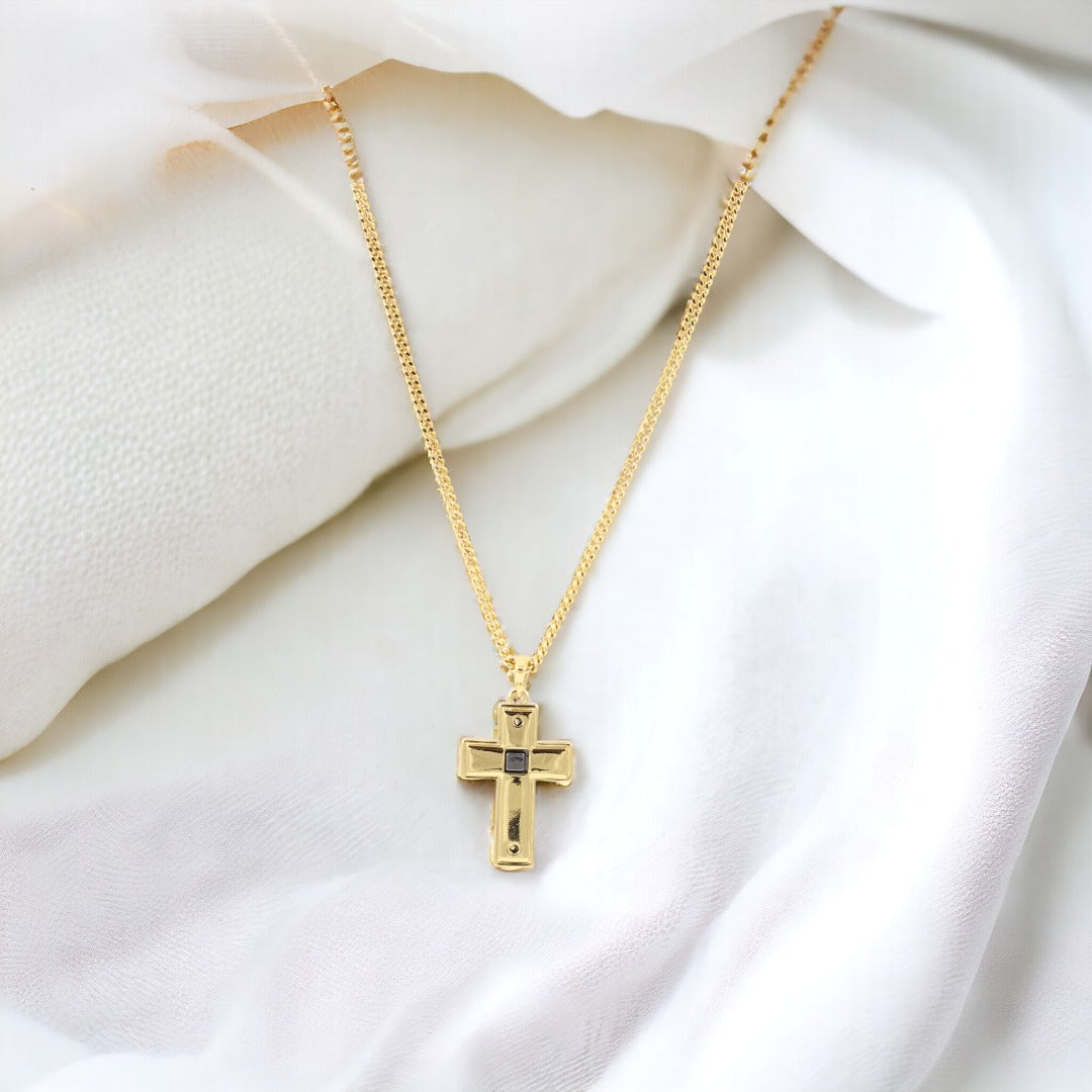 Double Side Men's Cross  Gold & Black thin design Necklace Gold Plated 24K