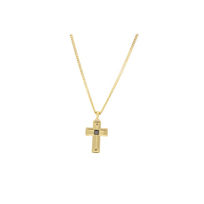 Double Side Men's Cross  Gold & Black thin design Necklace Gold Plated 24K