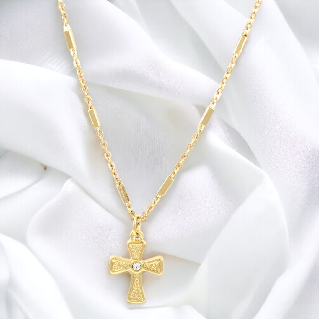 Woman Cross 1 Zircon Square design Necklace Gold Plated 24K